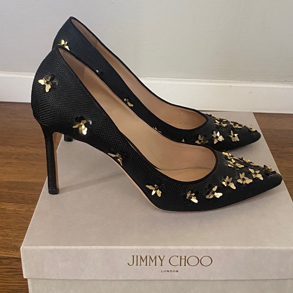 Jimmy Choo Embellished Heel 38.5 eu/ size 8.5 black and gold